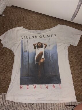 Selena Gomez White Tee with Blue Photo Print and Red Text